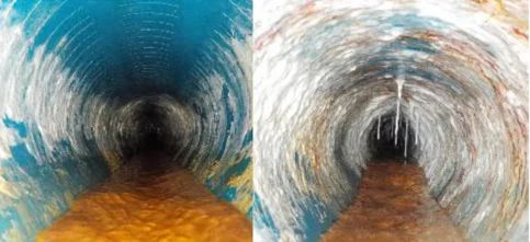Zwei verschiedene Tunnelsegmente sind nebeneinander abgebildet: Links; ein "sauberer" Tunnel, rechts; ein eher dreckigerer Tunnel.